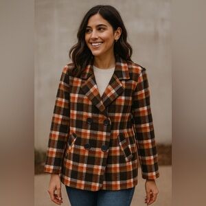 Charming Charlie Pea Coat Women’s Size M Orange & Brown Plaid Jacket 3/4 Sleeves